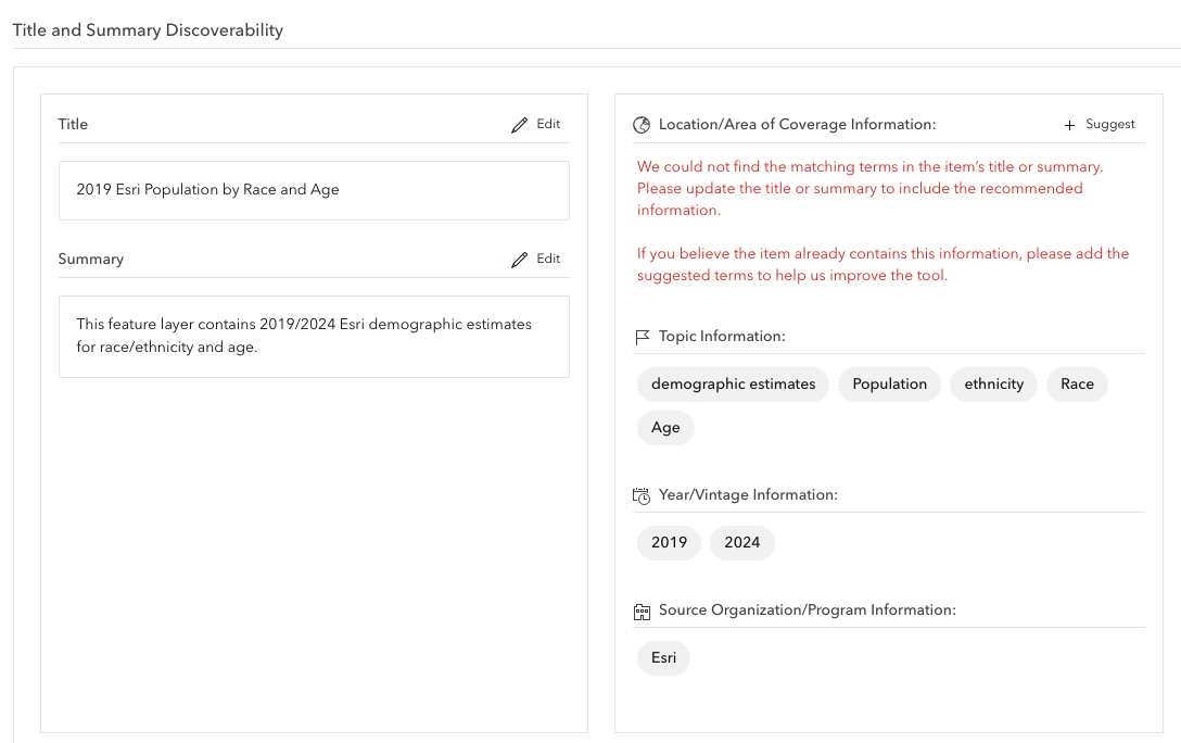 Example evaluation of Title and Summary for this layer reveals that the location or area of coverage is missing.
